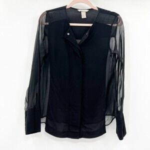 H&M Black Sheer Panel Long Sleeve Blouse Layered Button Back Top Womens Size 4